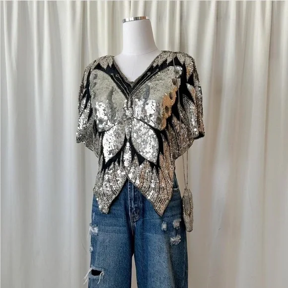 Vintage 1980's Silk Silver Sequins Butterfly Top. - Picture 1 of 8